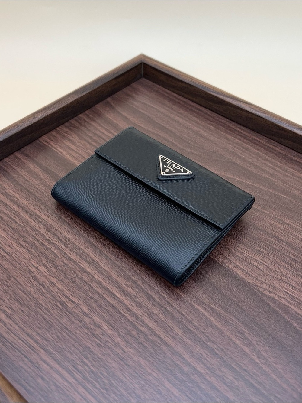Prada Black Saffiano Leather Triangular Logo Card Wallet